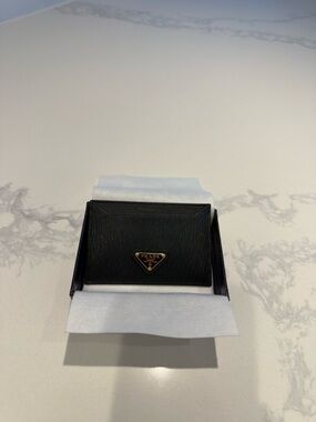 Prada Black Saffiano Leather Slim Card Case with Gold Triangle Logo